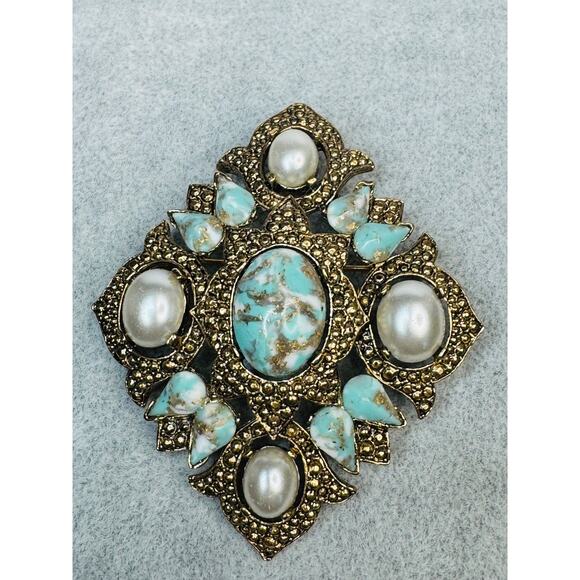 Vintage Sarah Coventry Remembrance Brooch Faux Turquoise and Pearls - Picture 6 of 6